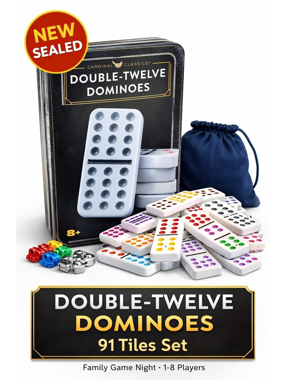 Cardinal Classics Double-Twelve Dominoes 91 Color Dot Set w/ Plastic Trains